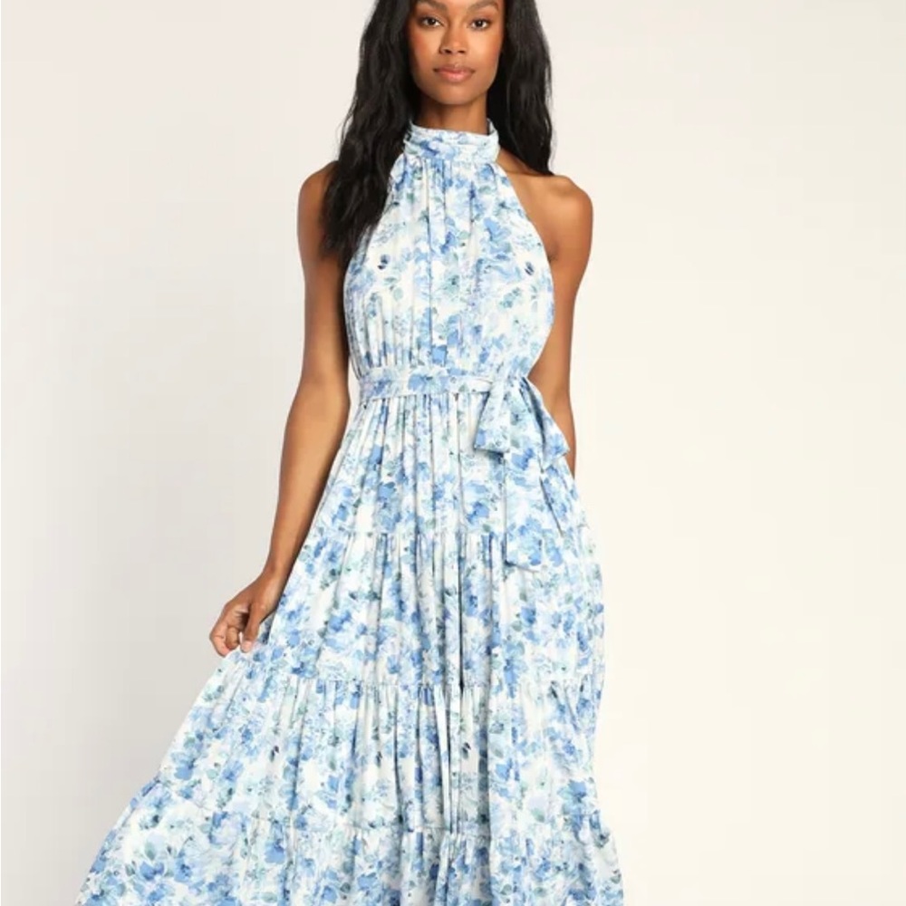 Breezing Through White Floral Print Tiered Halter Midi Dress- Lulus. Worn once
